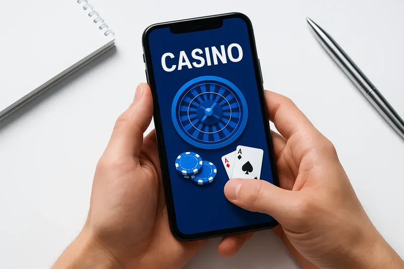 Hands holding phone with casino app above clean white desk