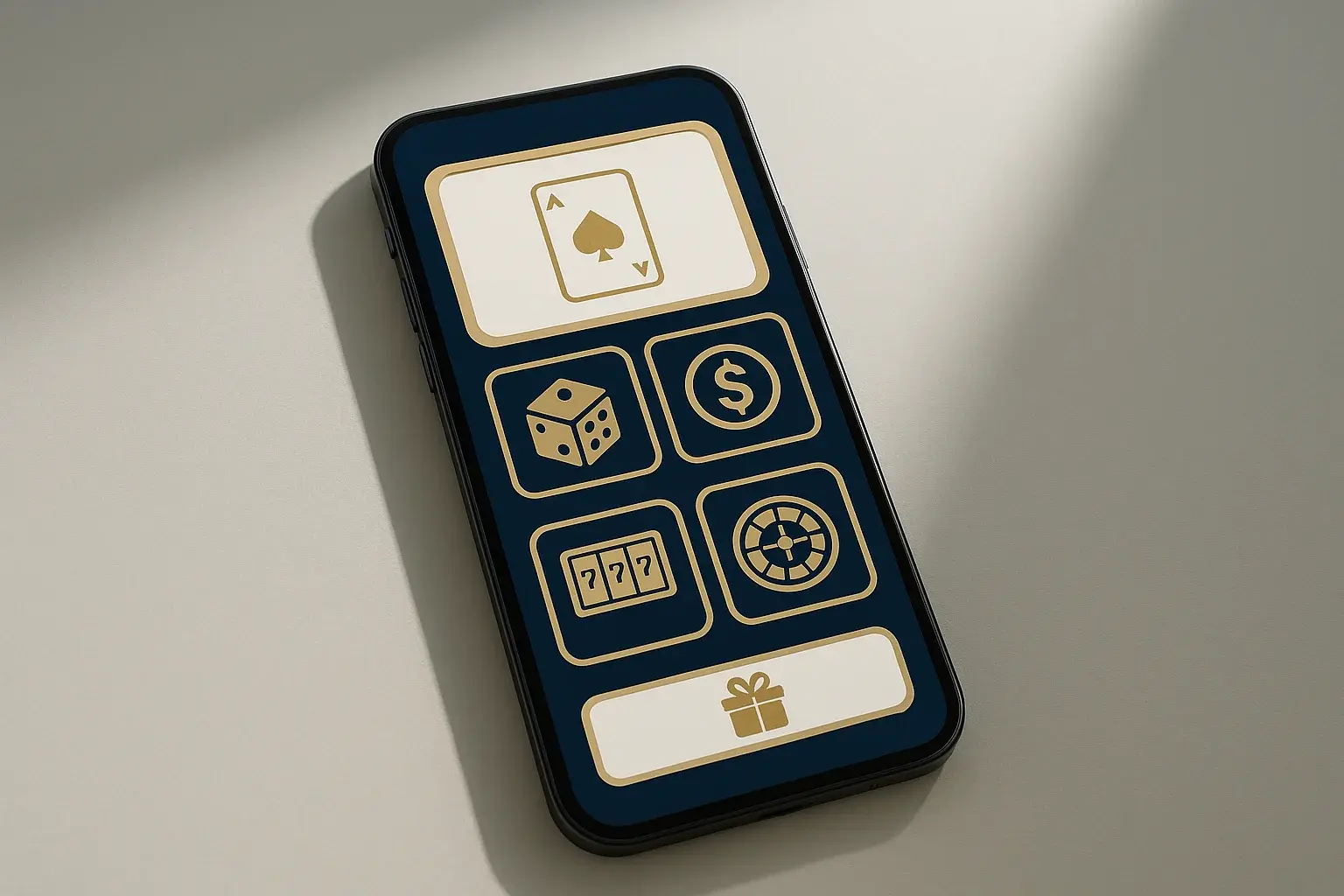 Modern smartphone displaying sleek casino app interface with games and bonuses