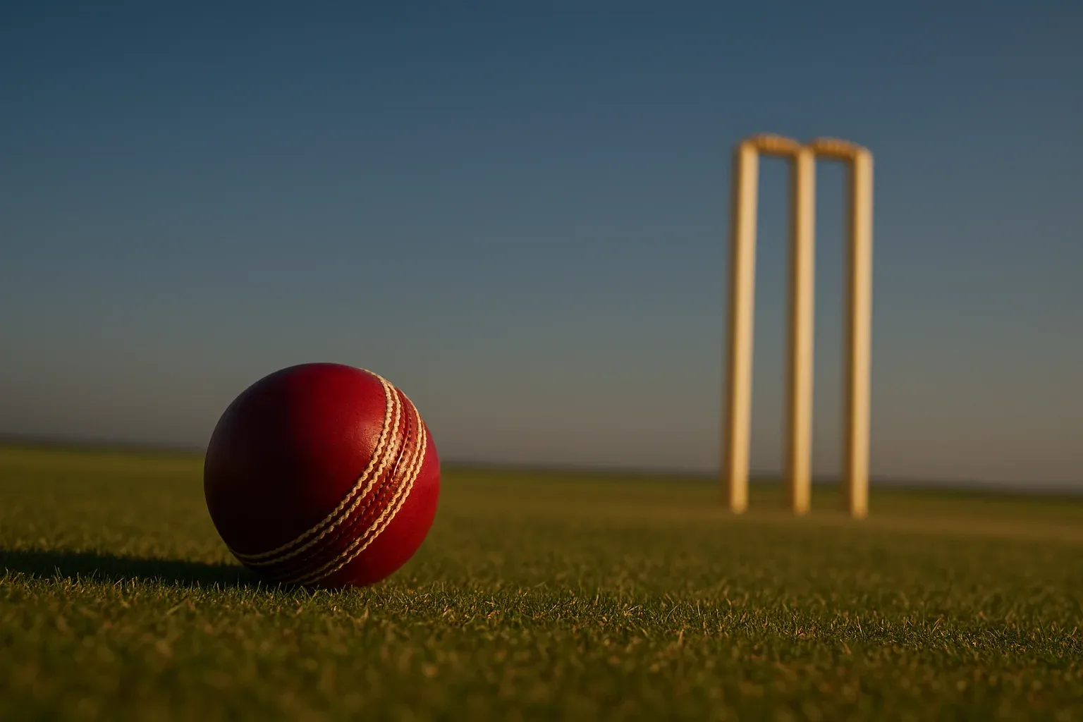 Red cricket ball on mown grass with stumps at dusk
