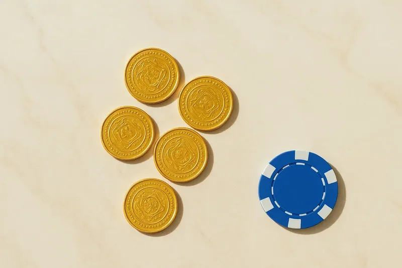 Five gold coins on cream marble with poker chip edge