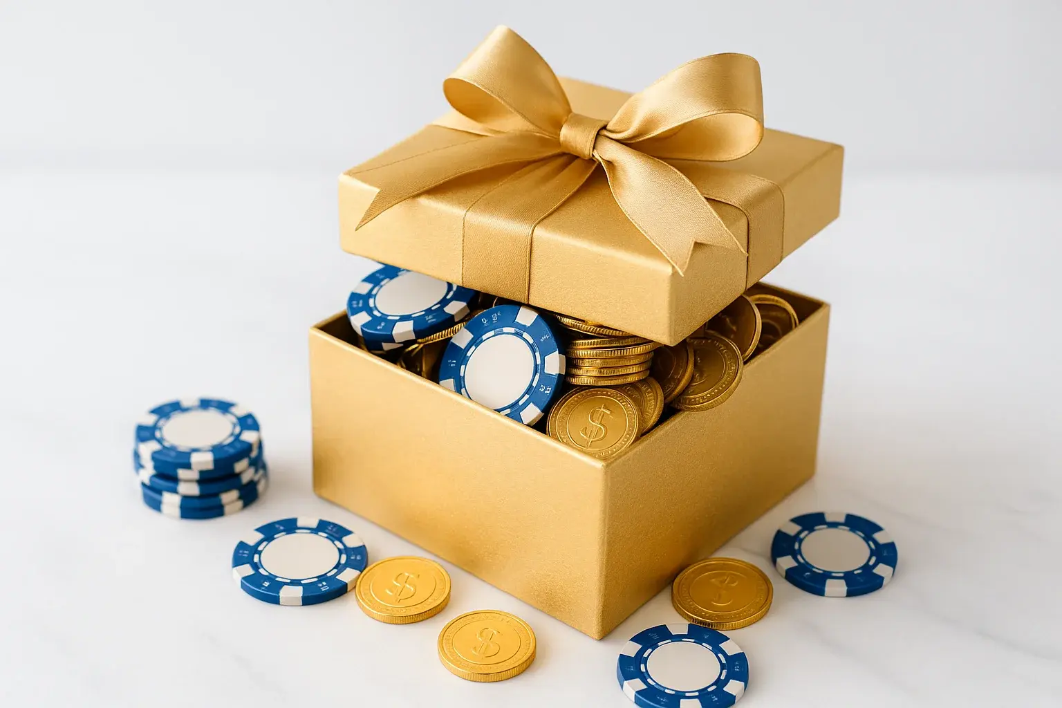 Golden gift box overflowing with poker chips and gold coins