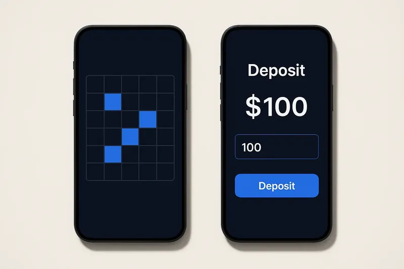 Two smartphones on cream background showing game grid and deposit screen