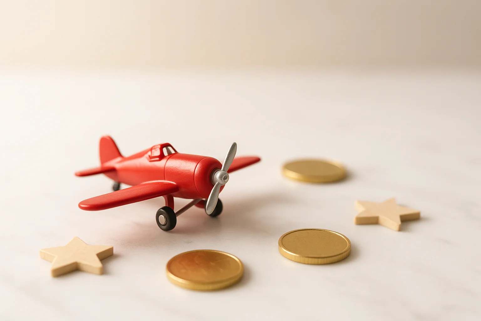 Miniature red airplane with gold coins and star tokens on marble