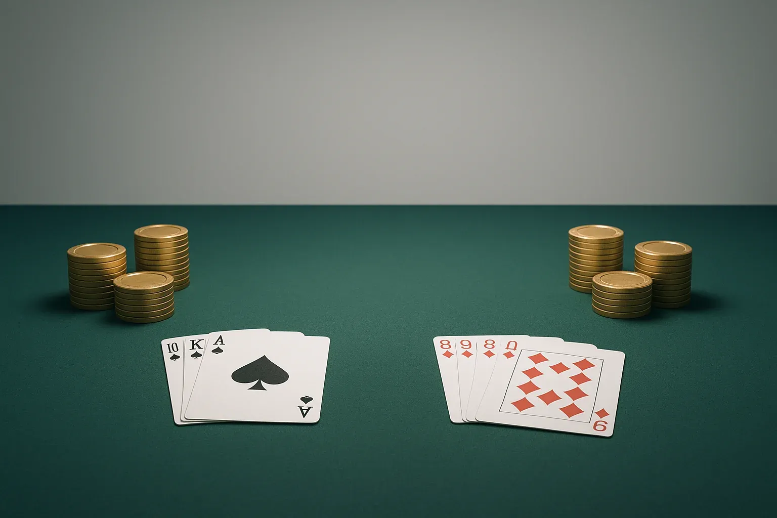 Green felt casino table with arranged cards and gold chips