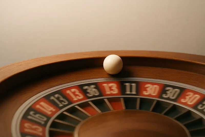Roulette ball frozen mid-roll on wheel rim under warm light