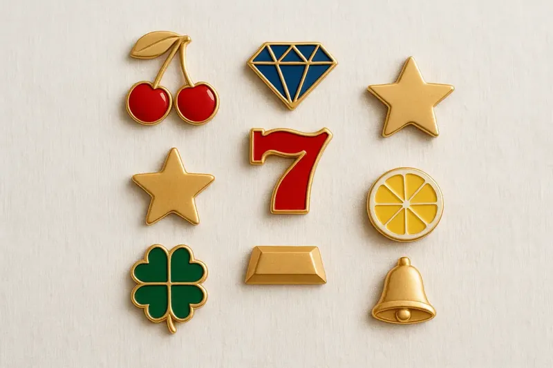 Assorted casino slot icons with fruit, diamonds, lucky sevens, and stars