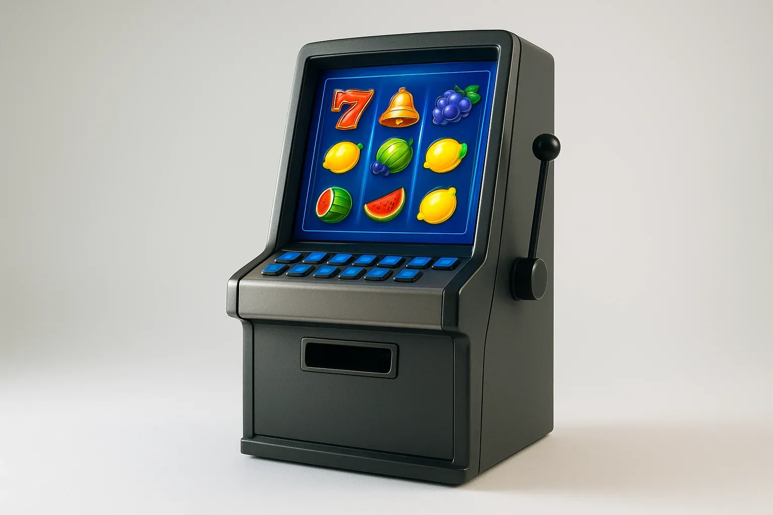 White studio shot of slot machine terminal with vibrant game screen